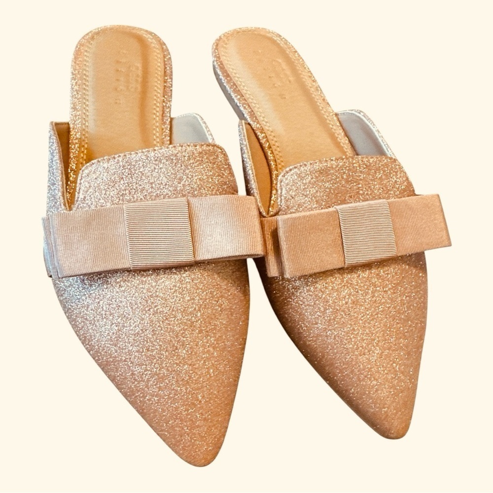 ASOS DESIGN Pink Glitter Bow Mules – Size 4W- Big Girl - Picture 2 of 7
